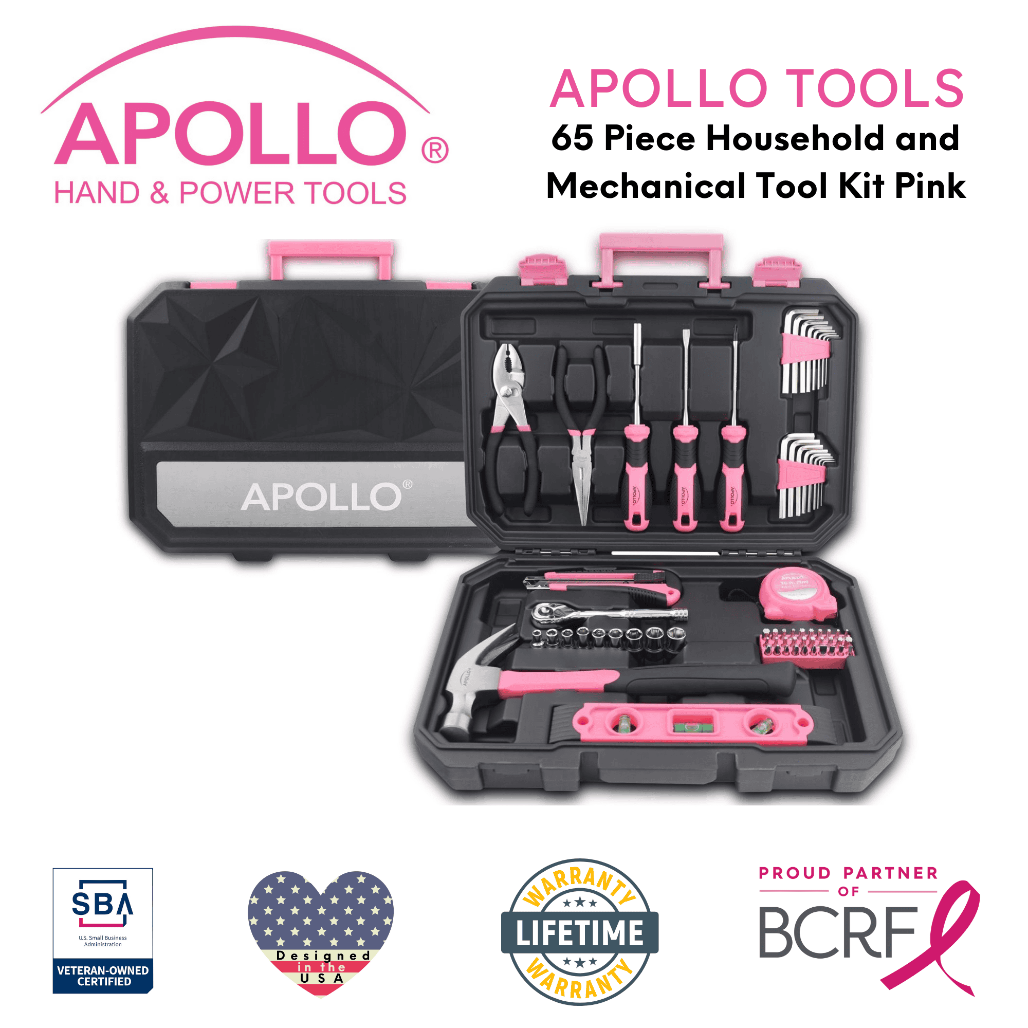 Essential 65-Piece Pink Tool Set with Socket Set and Most-Used Tools for Do it Yourself Repairs and Maintenance - DT0001P Apollo Tools