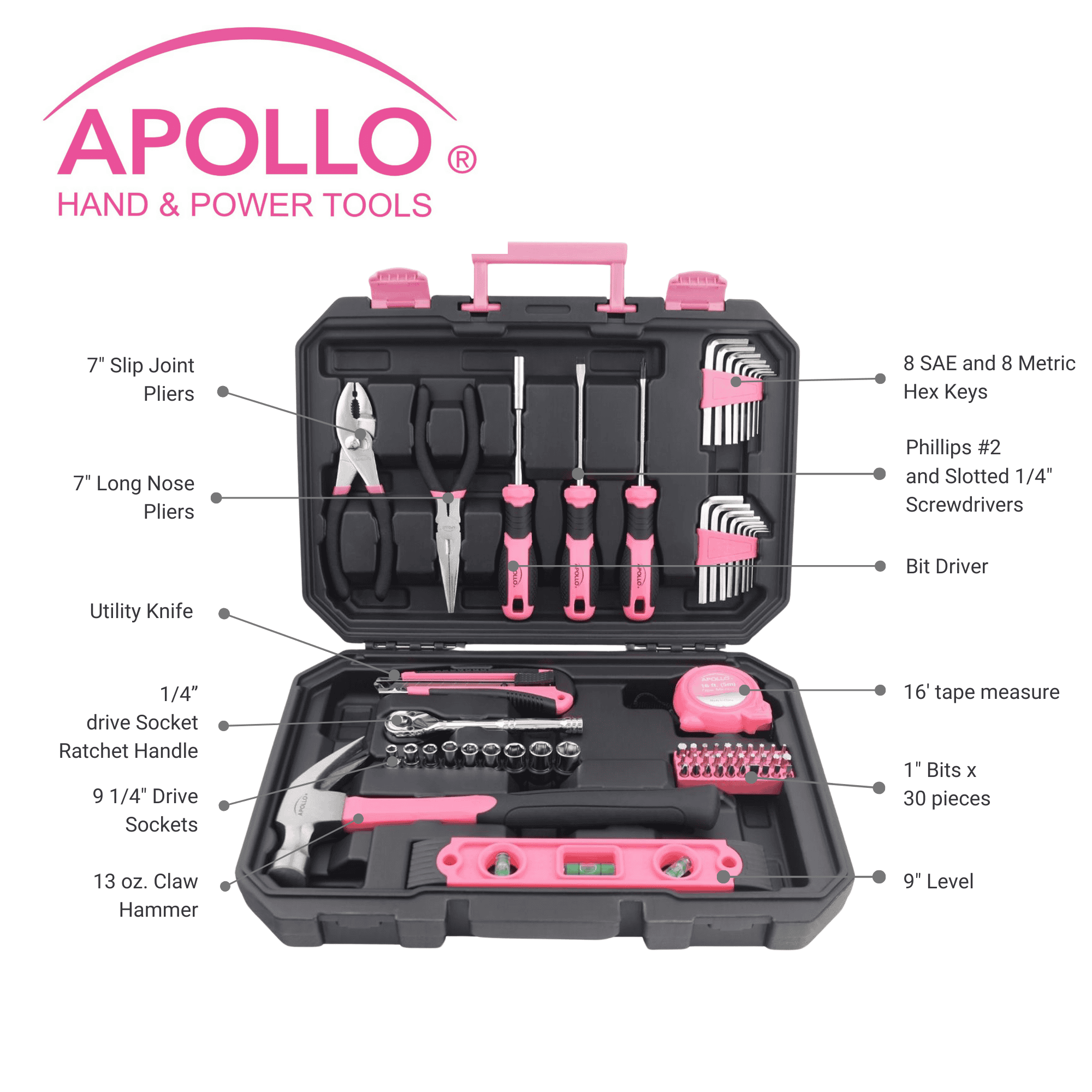 Apollo Tools Essential 65-Piece Pink Tool Set with Socket Set and Most-Used Tools for Do it Yourself Repairs, angled view