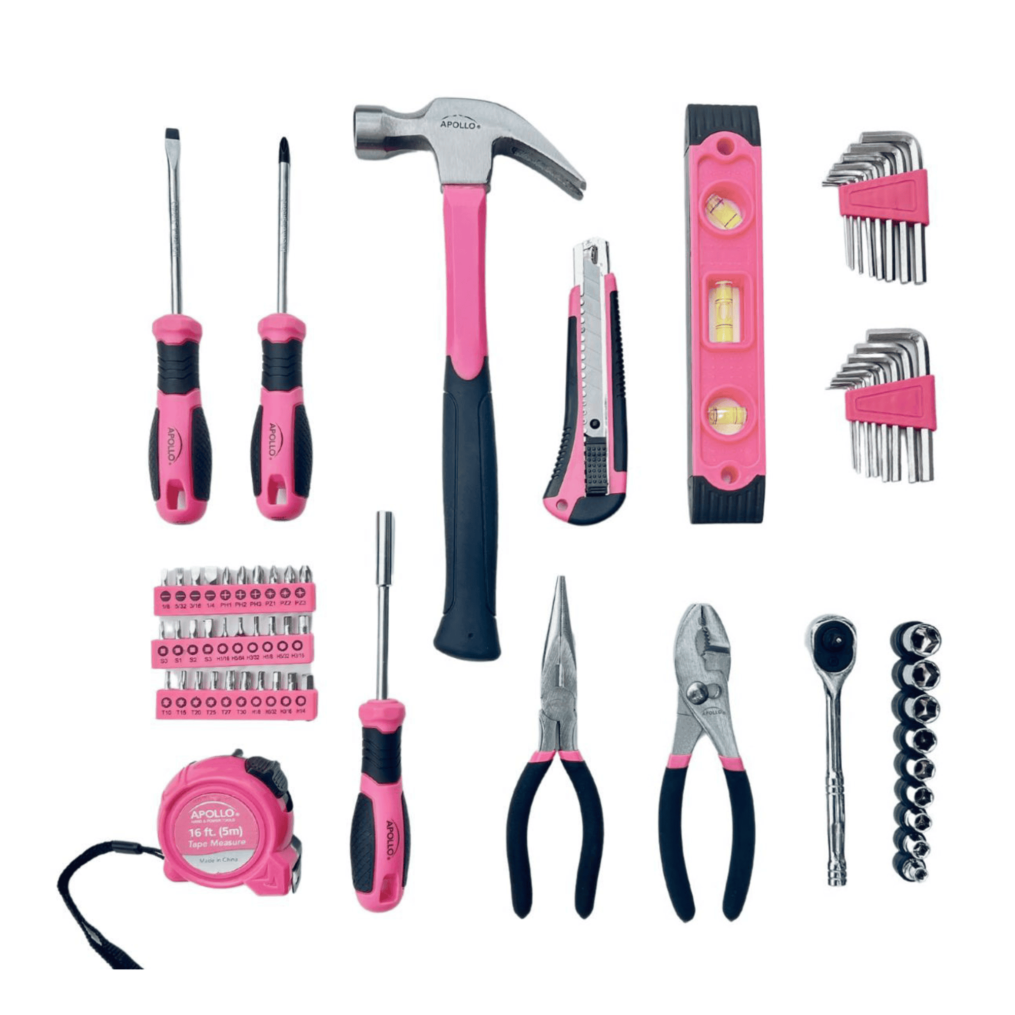 Essential 65-Piece Pink Tool Set with Socket Set and Most-Used Tools for Do it Yourself Repairs and Maintenance - DT0001P Apollo Tools