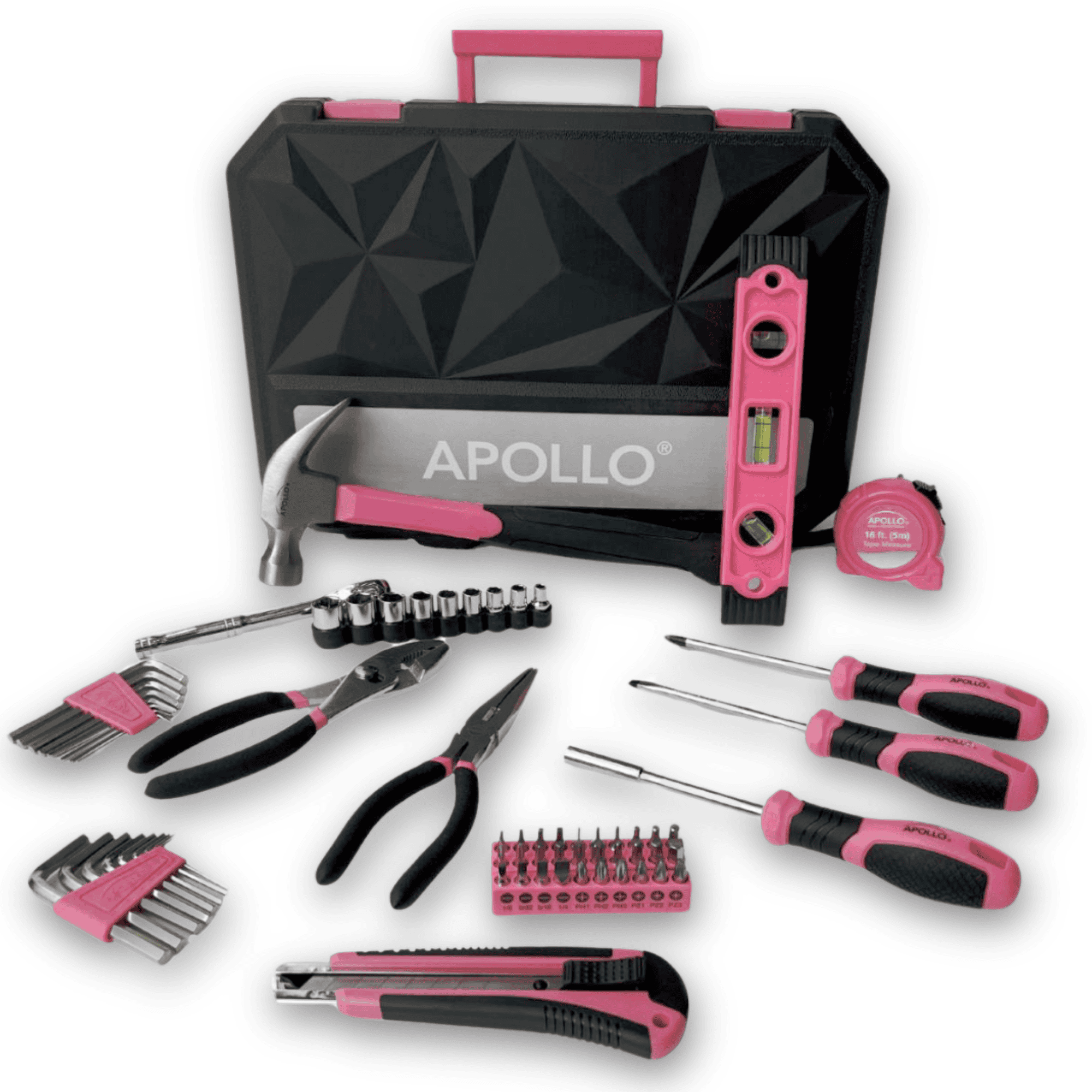Essential 65-Piece Pink Tool Set with Socket Set and Most-Used Tools for Do it Yourself Repairs and Maintenance - DT0001P Apollo Tools