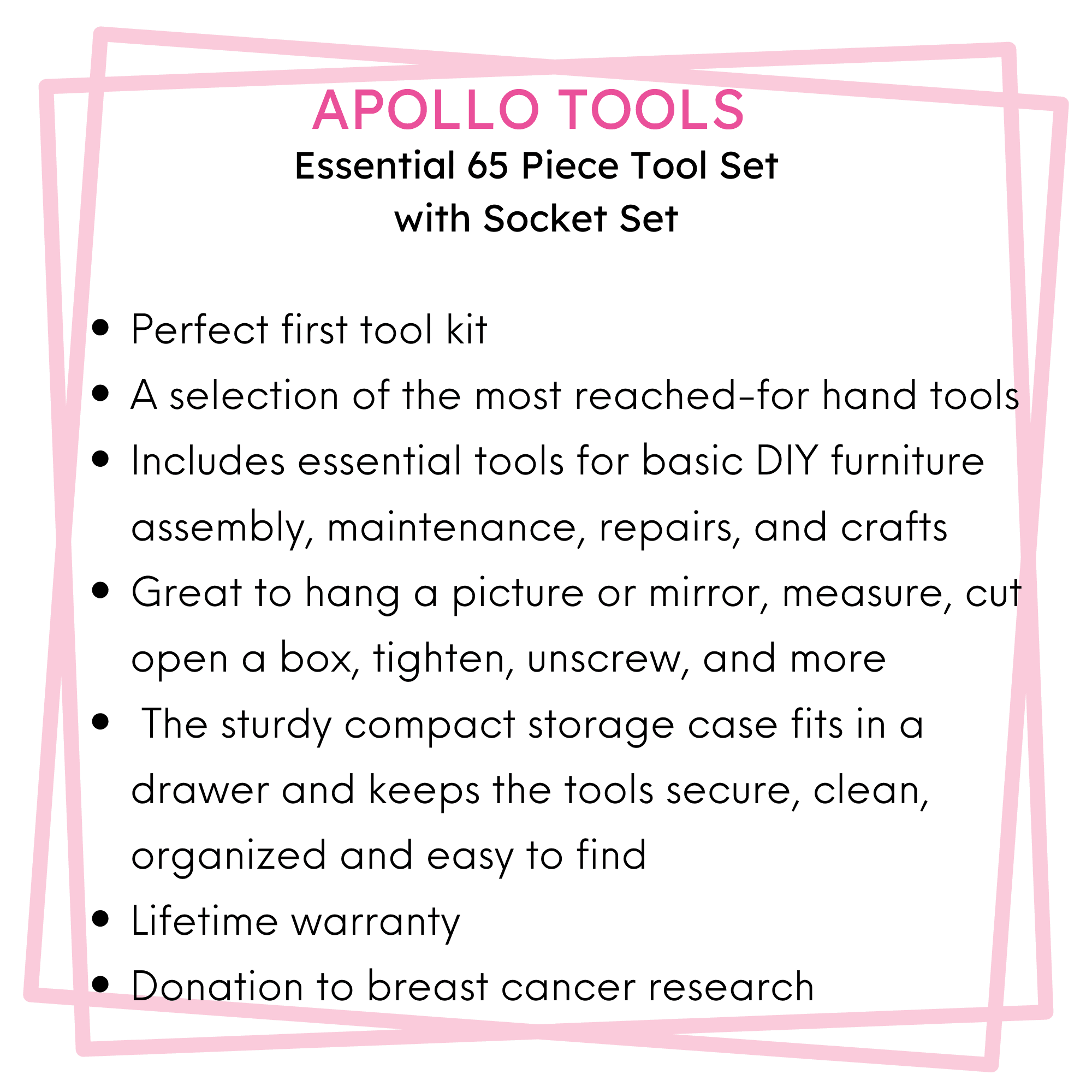 Essential 65-Piece Pink Tool Set with Socket Set and Most-Used Tools for Do it Yourself Repairs and Maintenance - DT0001P Apollo Tools
