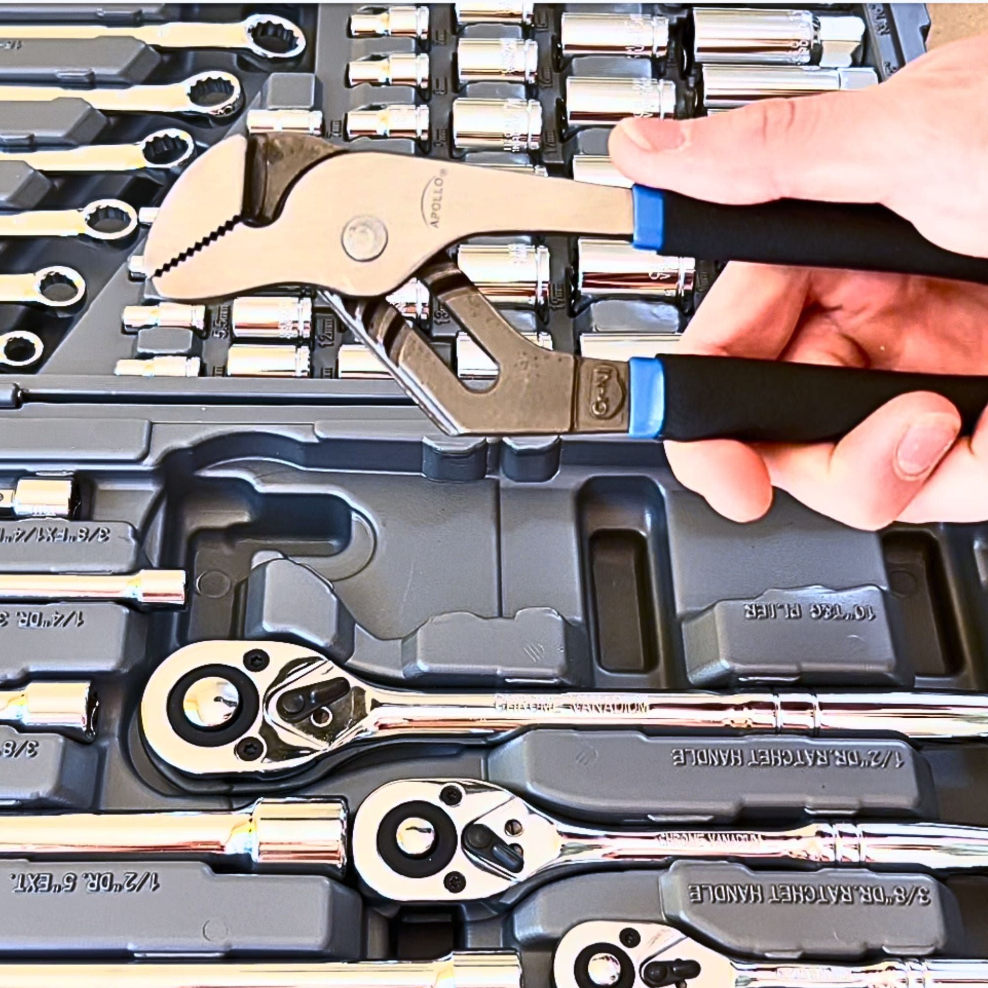 Apollo Tools 163-piece mechanics tool kit with wrench and hand tools for automotive and DIY repairs.