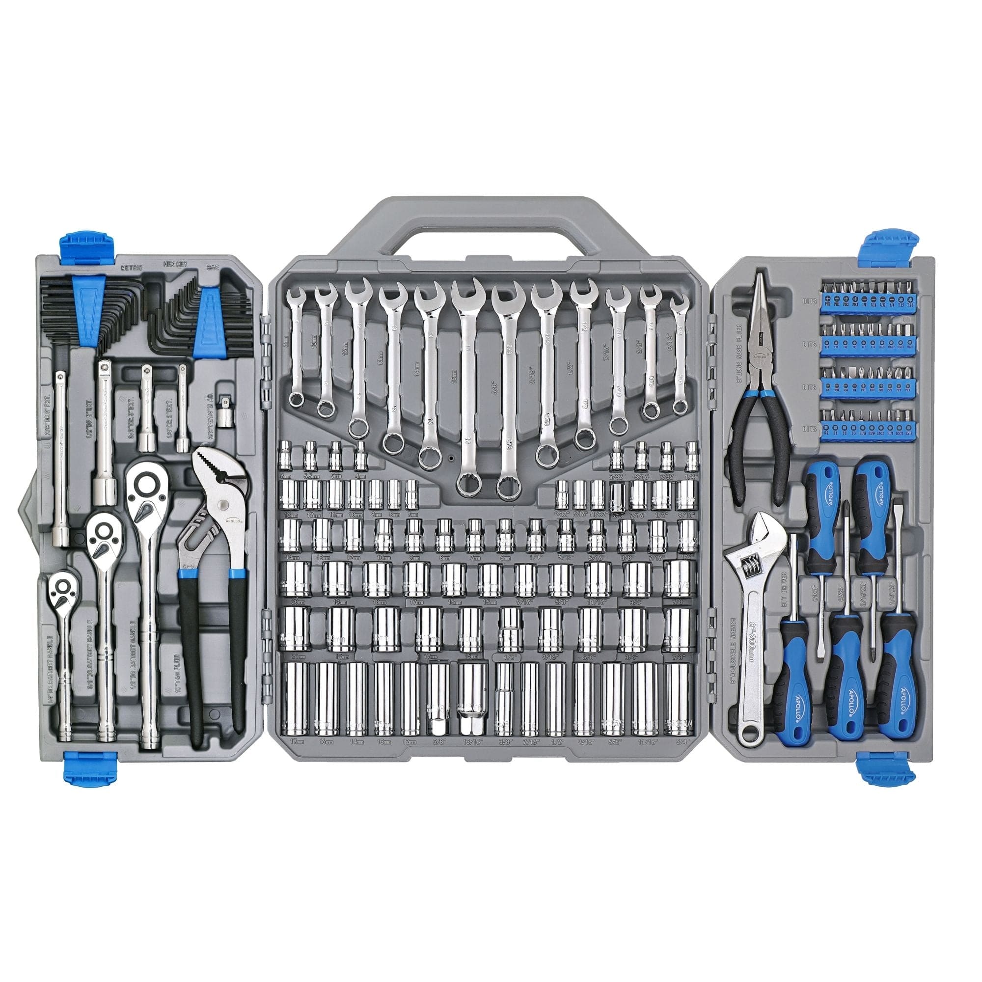 Apollo Tools 163-piece mechanics tool kit with wrenches, screwdrivers, and sockets arranged in a plastic case.