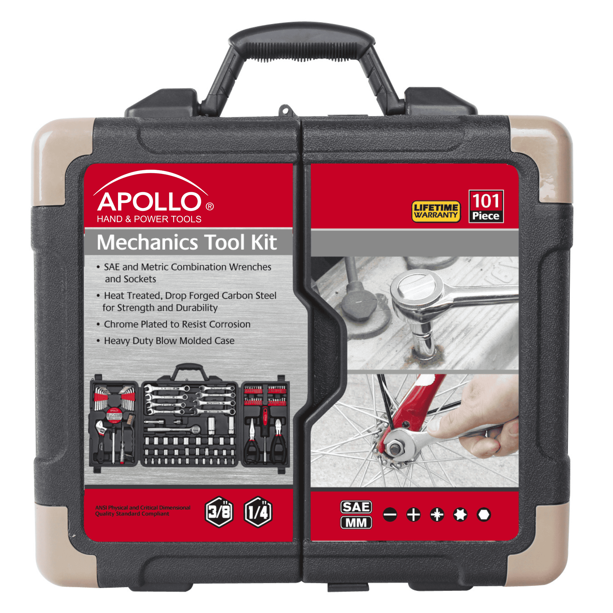 101 Piece Mechanic Tool Set for Vehicle and Home Maintenance, Roadside Emergencies. SAE and Metric Tool Set for Car, Boat, RV, Bikes - DT0006 Apollo Tools