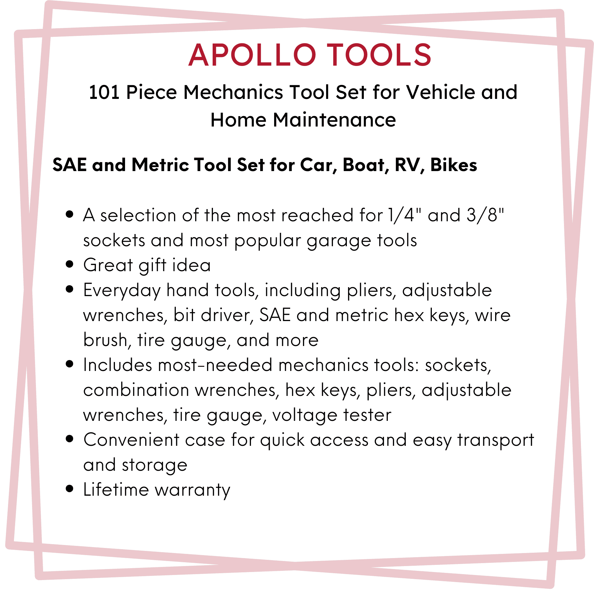 101 Piece Mechanic Tool Set for Vehicle and Home Maintenance, Roadside Emergencies. SAE and Metric Tool Set for Car, Boat, RV, Bikes - DT0006 Apollo Tools