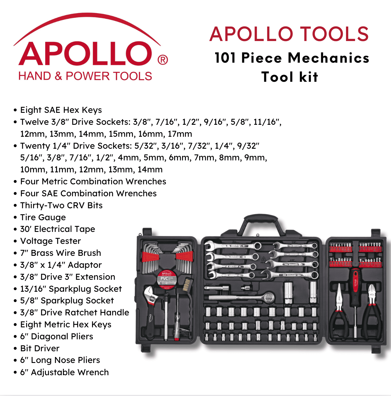 101 Piece Mechanic Tool Set for Vehicle and Home Maintenance, Roadside Emergencies. SAE and Metric Tool Set for Car, Boat, RV, Bikes - DT0006 Apollo Tools