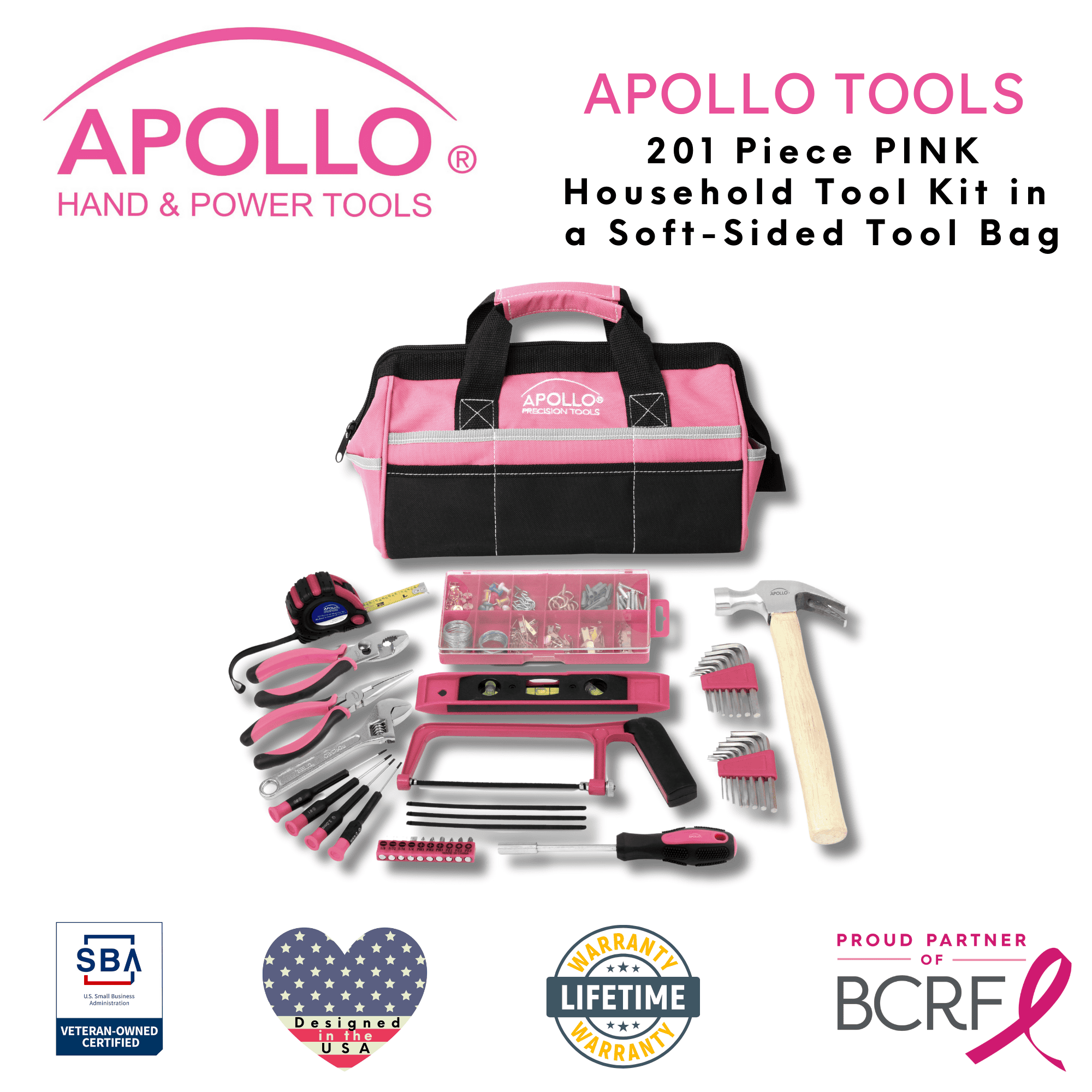 201 Piece Household Tool Kit in a Soft-Sided Tool Bag Pink - DT0020P Apollo Tools