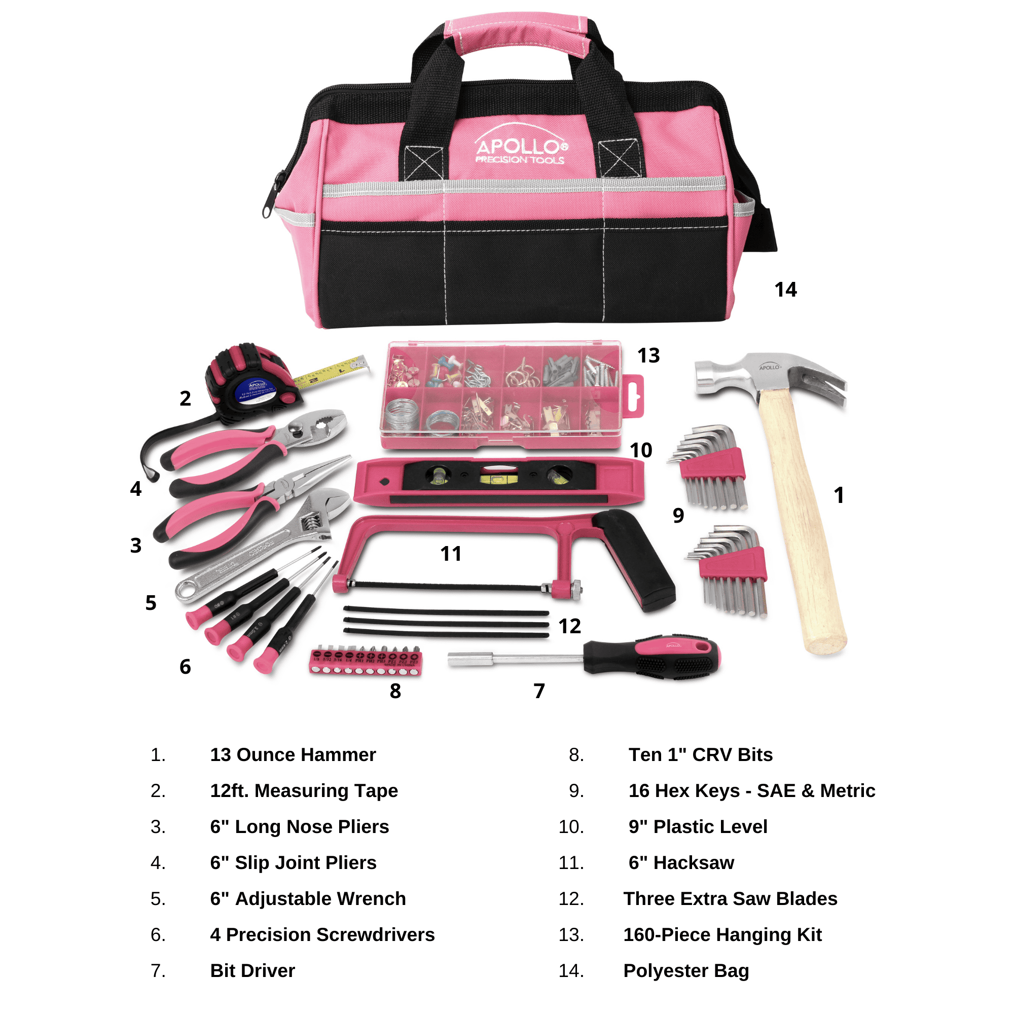 201 Piece Household Tool Kit in a Soft-Sided Tool Bag Pink - DT0020P Apollo Tools