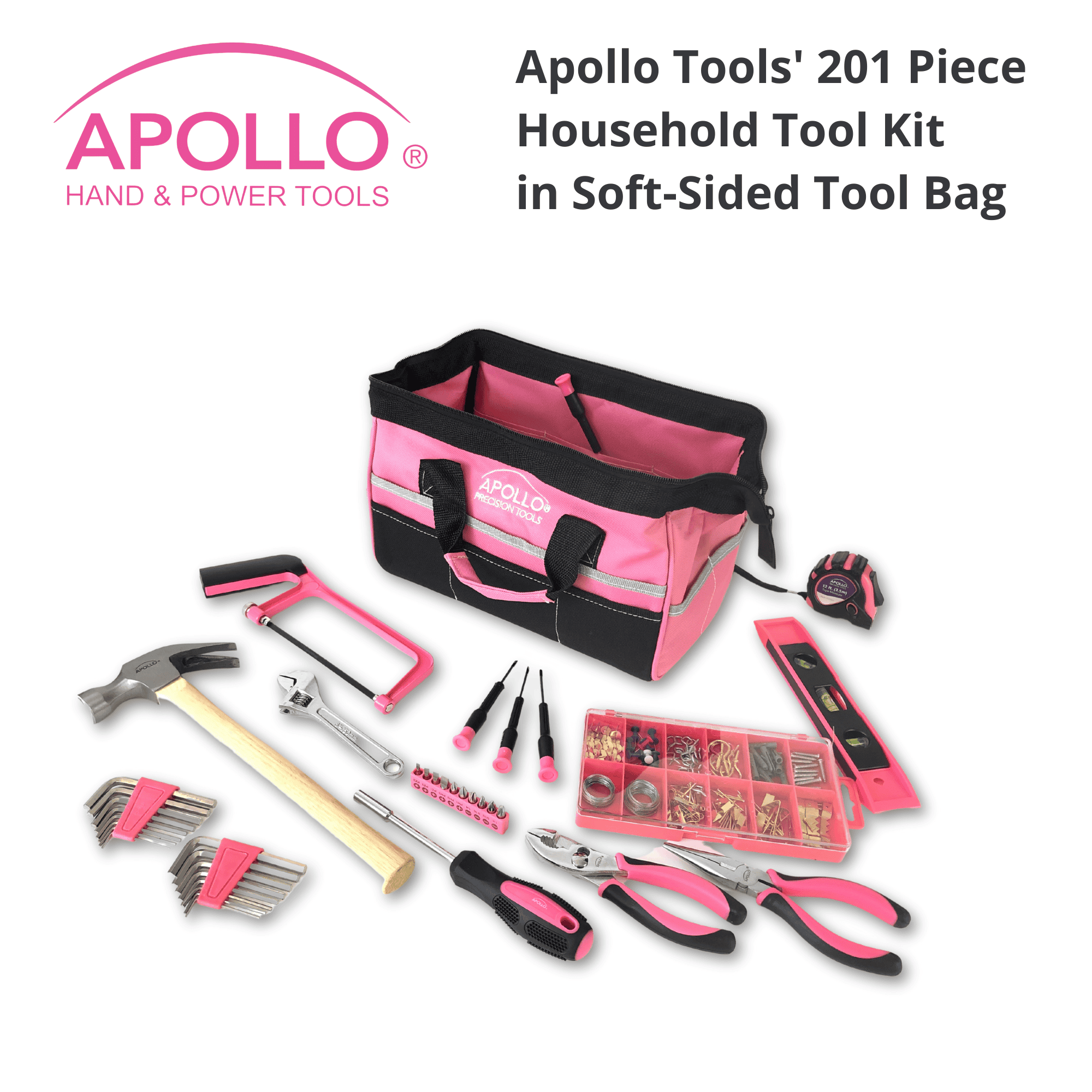 201 Piece Household Tool Kit in a Soft-Sided Tool Bag Pink - DT0020P Apollo Tools
