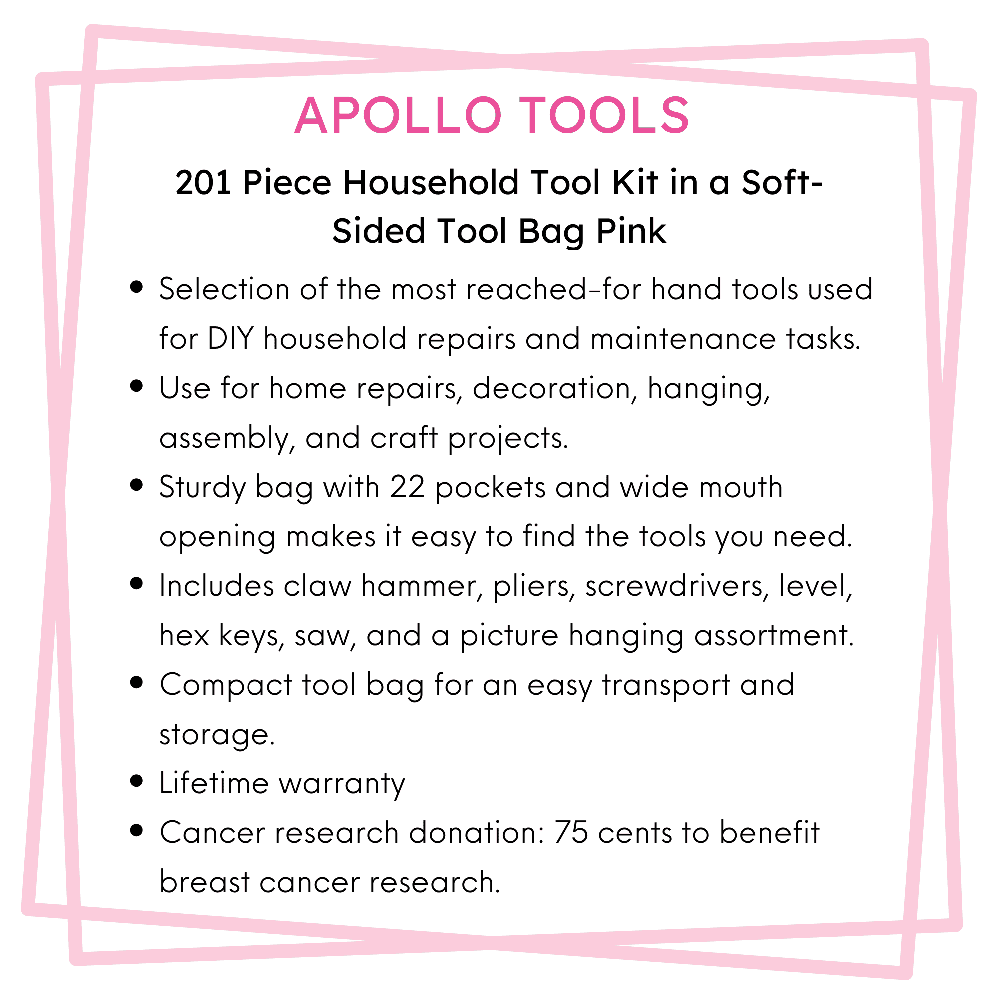 201 Piece Household Tool Kit in a Soft-Sided Tool Bag Pink - DT0020P Apollo Tools