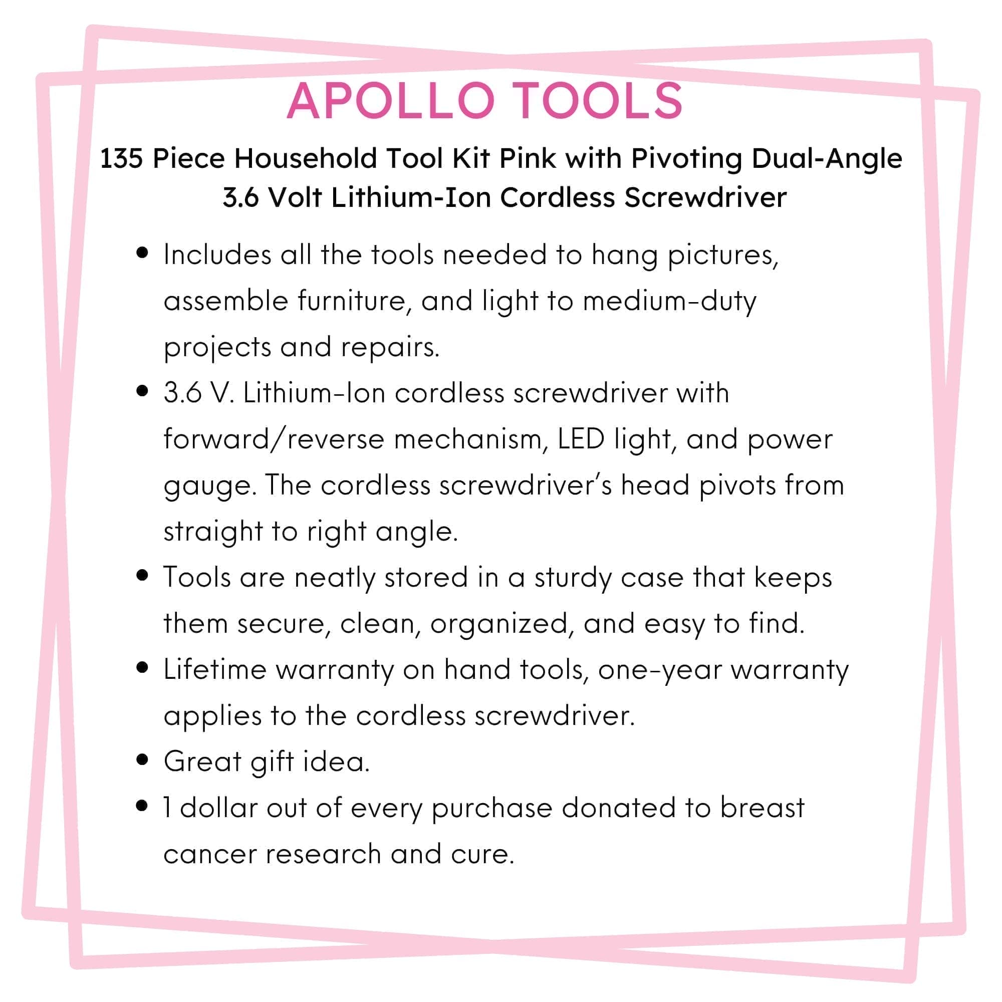 Apollo Tools New and Improved 135 Piece Pink Household Tool Set with Pivoting Dual-Angle 3.6 Volt Lithium-Ion, reverse view