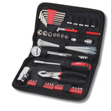 Apollo Tools 56-piece metric auto mechanic tool set in zipper case, includes wrenches, screwdrivers, and pliers for automotive repairs.