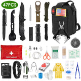 47-piece emergency survival kit with first aid supplies, tools, and pouch for hiking, camping, and outdoor adventures.