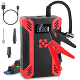 Portable car jump starter with air compressor and digital tire inflator, 12V battery booster for gas and diesel vehicles.