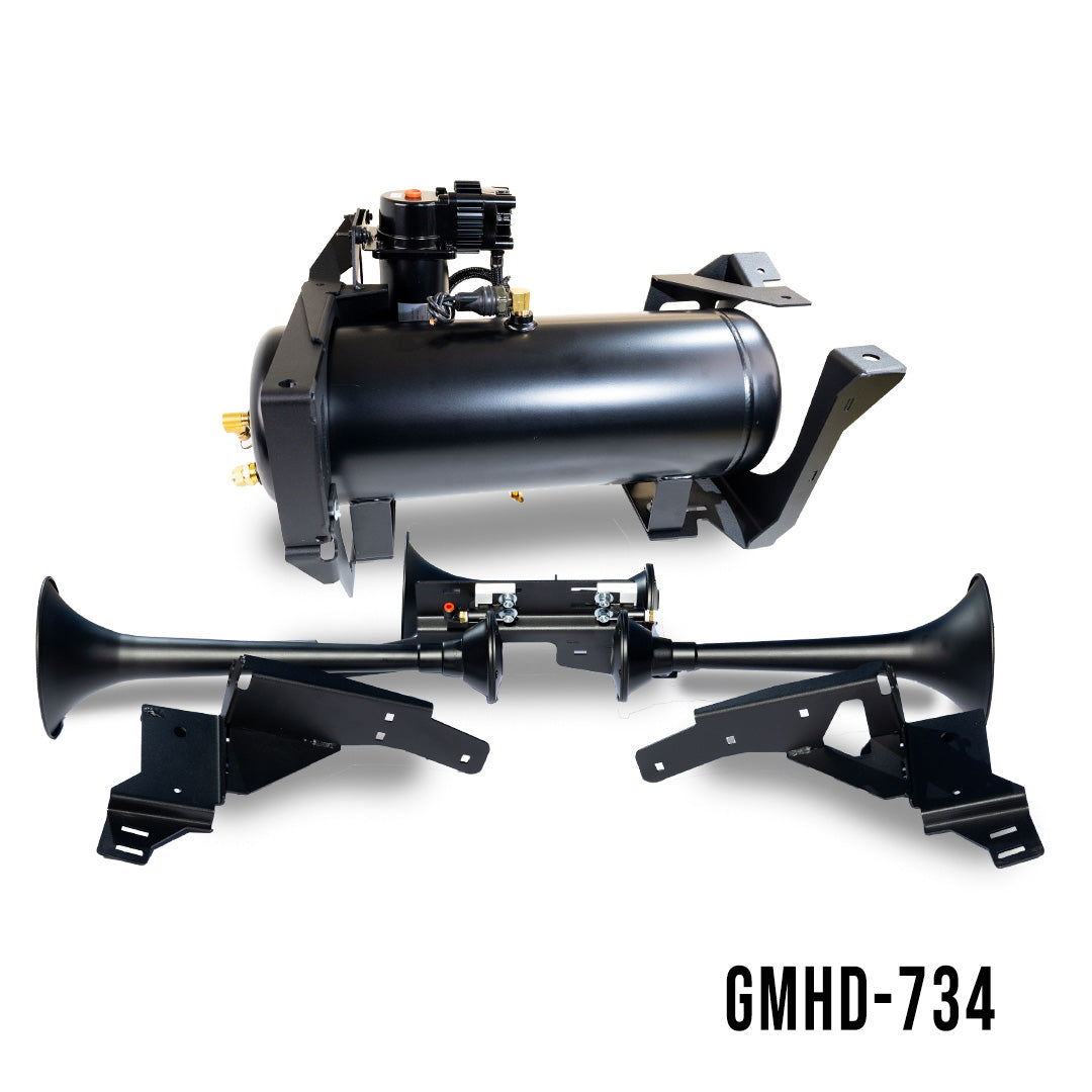 Kleinn Automotive GM 2007-2019 HD train horn and onboard air system installed in a pickup truck for heavy-duty vehicle use.