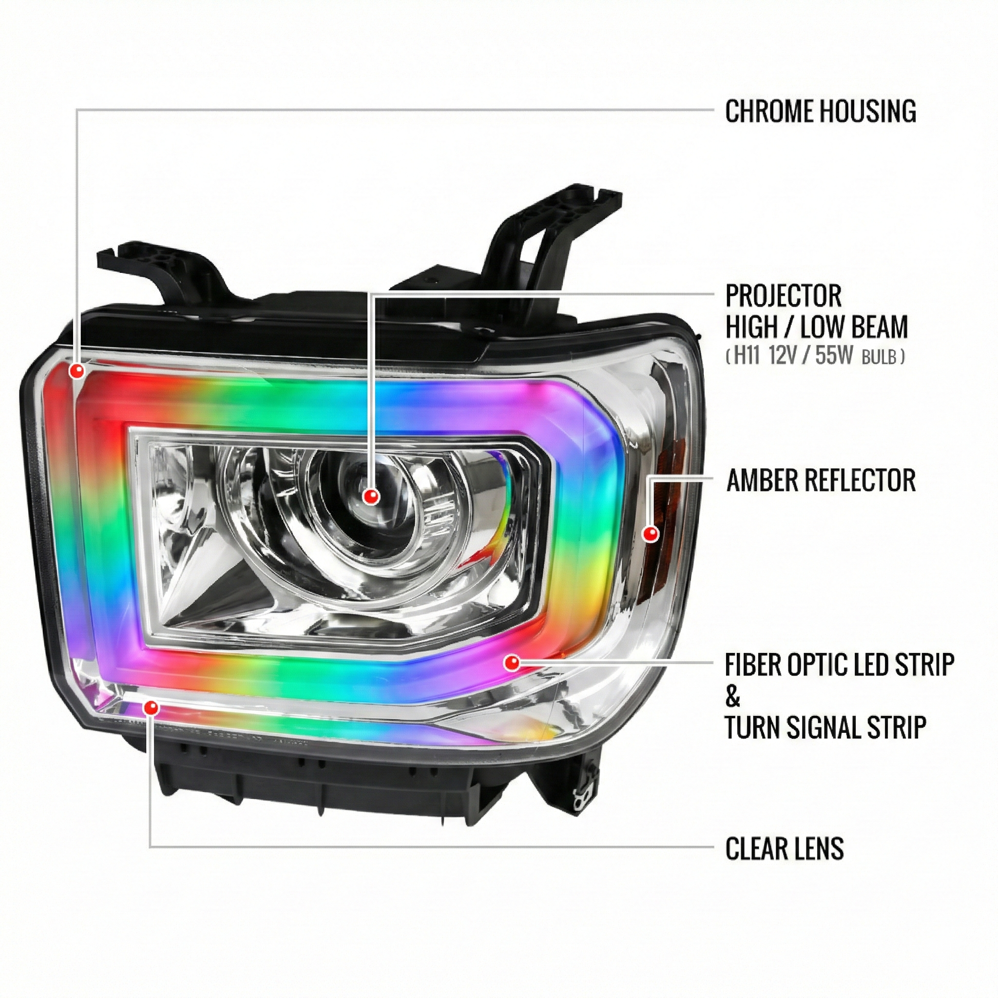 NTXGlow RGB headlights installed on a 2014-2019 GMC Sierra 1500, 2500, or 3500 truck showcasing vibrant RGB lighting effects.
