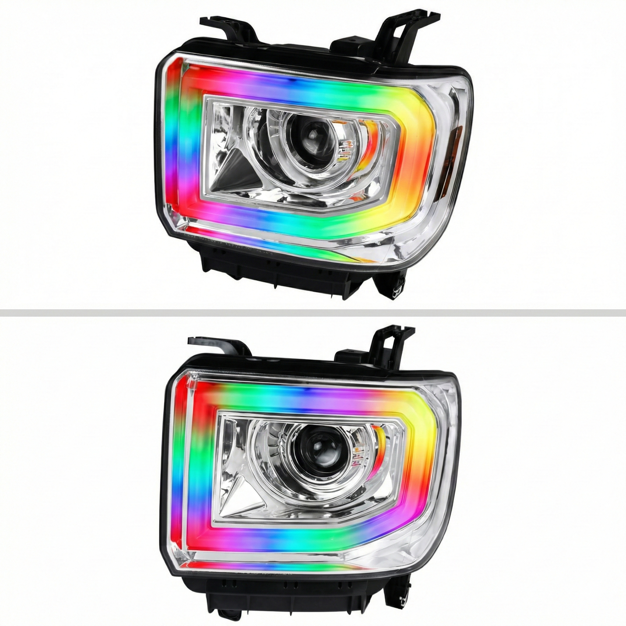NTXGlow RGB headlights for 2014-2019 GMC Sierra 1500, 2500, 3500 trucks, showcasing vibrant LED lighting and modern headlight design.