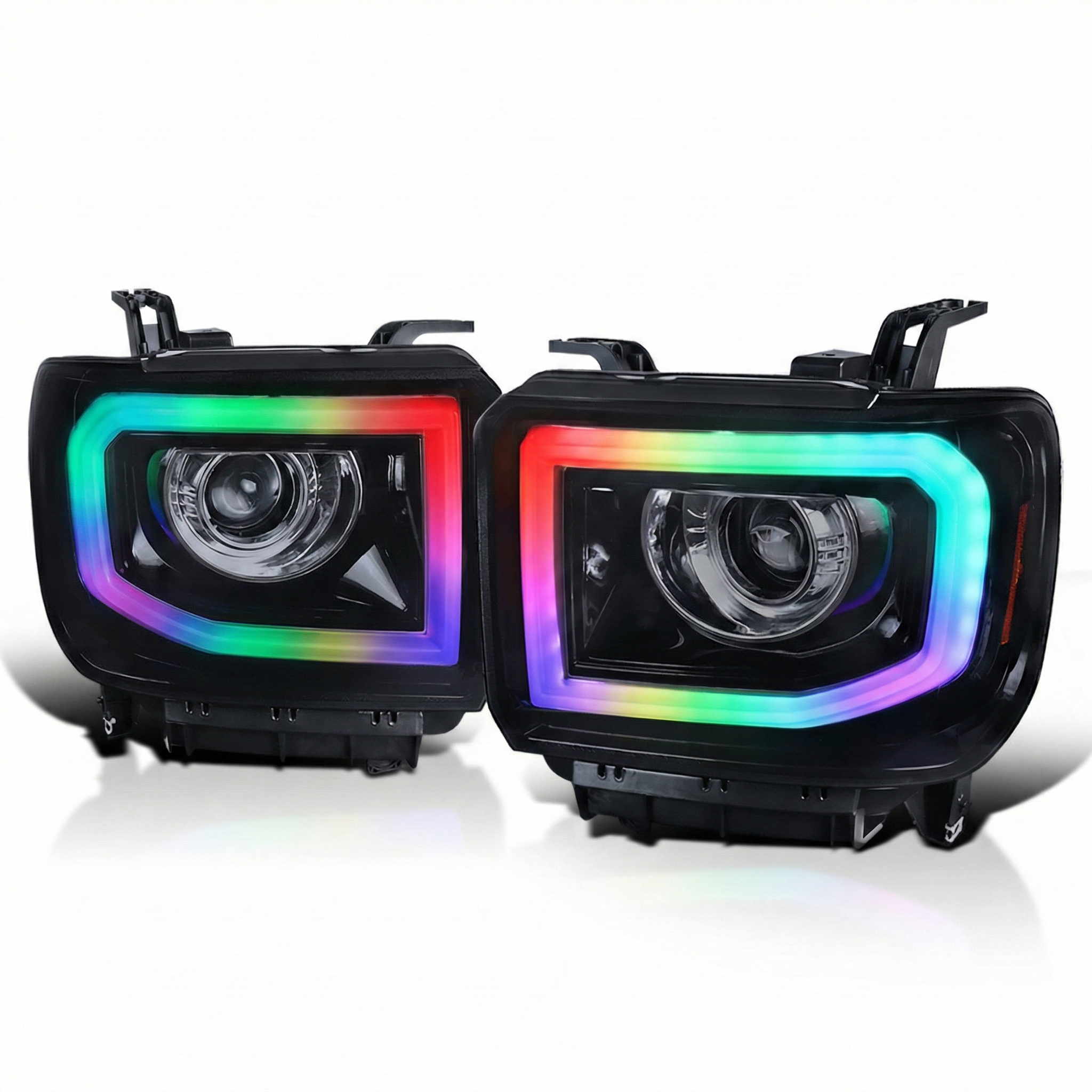 NTXGlow RGB headlights for 2014-2019 GMC Sierra 1500, 2500, 3500 trucks showing illuminated RGB lighting in a close-up view