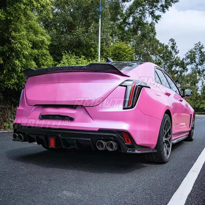 Gloss black Cadillac CT4 V style spoiler made of ABS plastic with carbon fiber lip cover, designed for 2020-2023 models