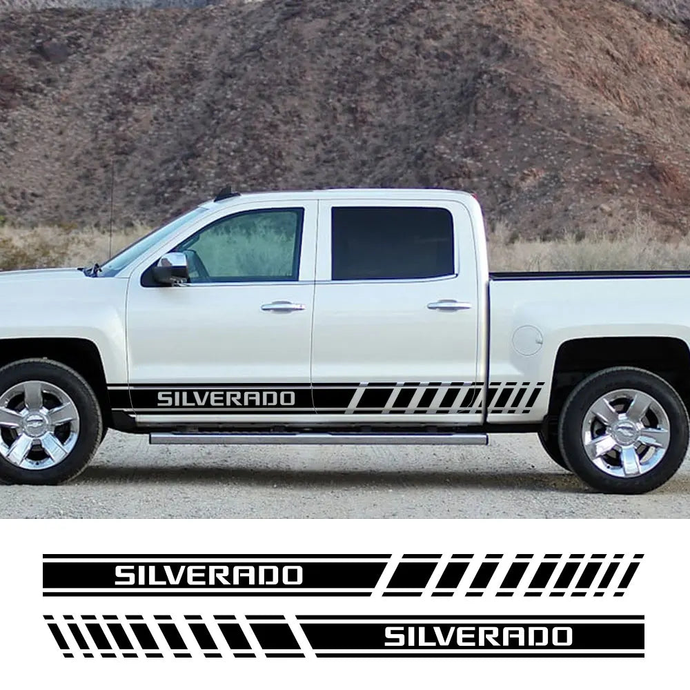 Chevrolet Silverado 1500 door side stripe decal, vinyl truck sticker with black and silver design for LT, LTZ, WT, Trail Boss, and RST models