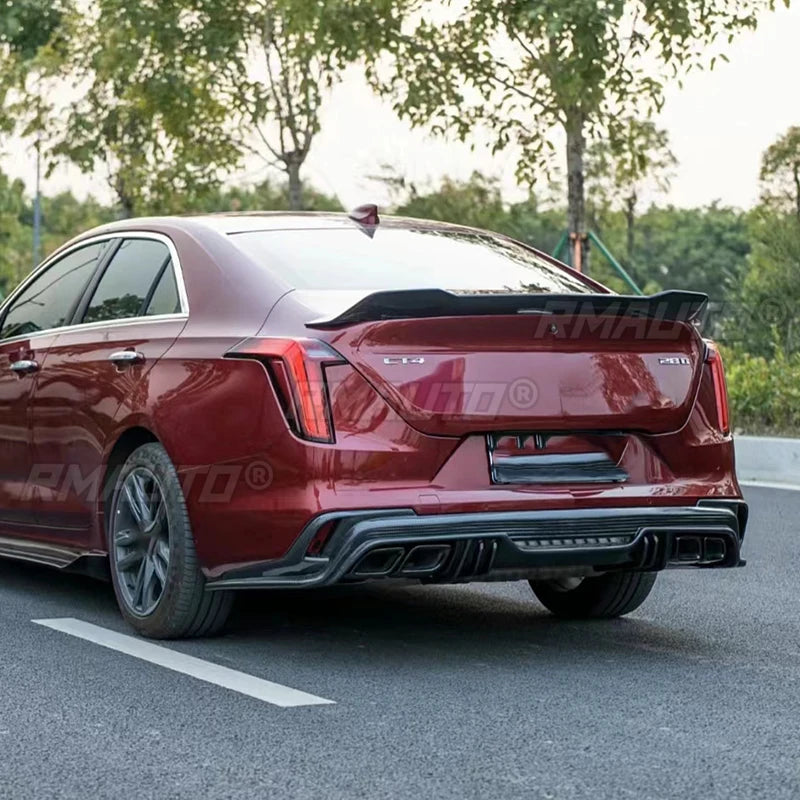 Gloss black ABS plastic Cadillac CT4 spoiler with V style design, trunk carbon fiber lip cover, for 2020-2023 models, by GM Service Guy.