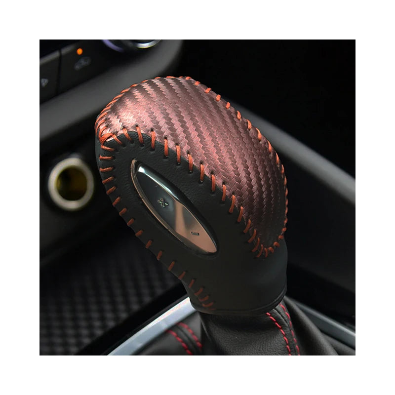 Cowhide and true carbon fiber gear shift knob cover for Buick Verano, hand-sewn with six color options, by Gm Service Guy.