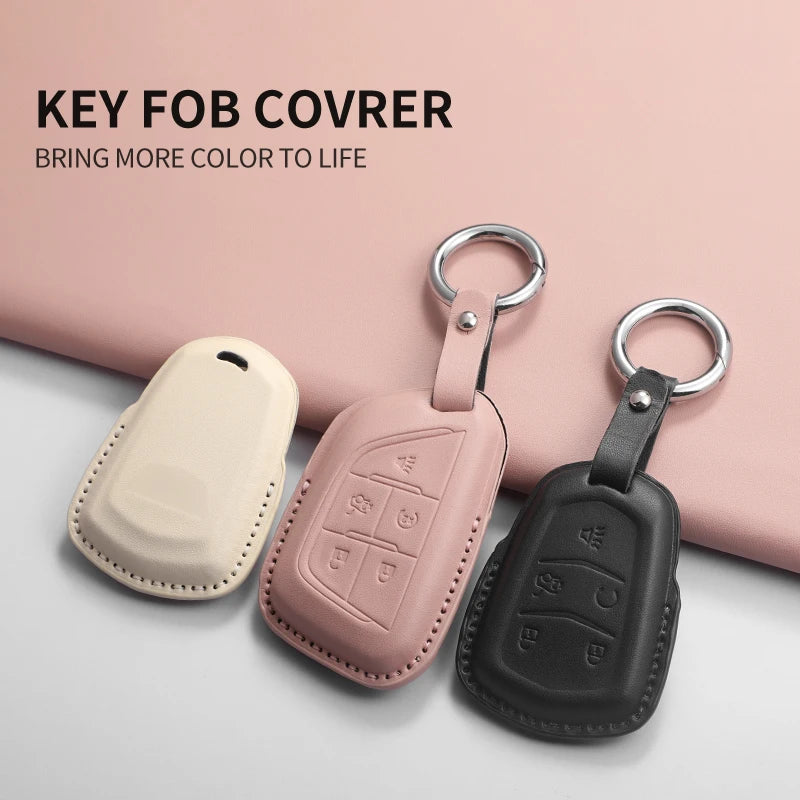 High-quality black PU leather car key fob cover for Cadillac ATS, CTS, CT4, CT5, CT6, XTS, XT5 by GM Service Guy.