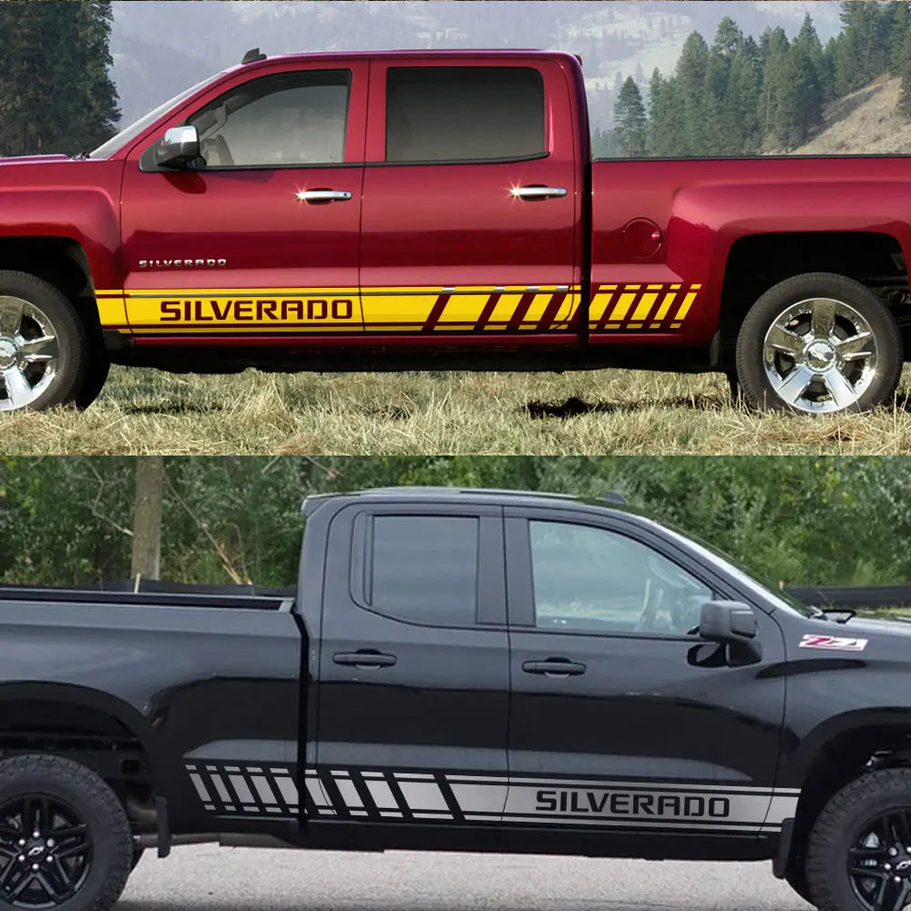 Chevrolet Silverado 1500 pickup truck side door stickers with stripes and decals, auto accessories by GM Service Guy