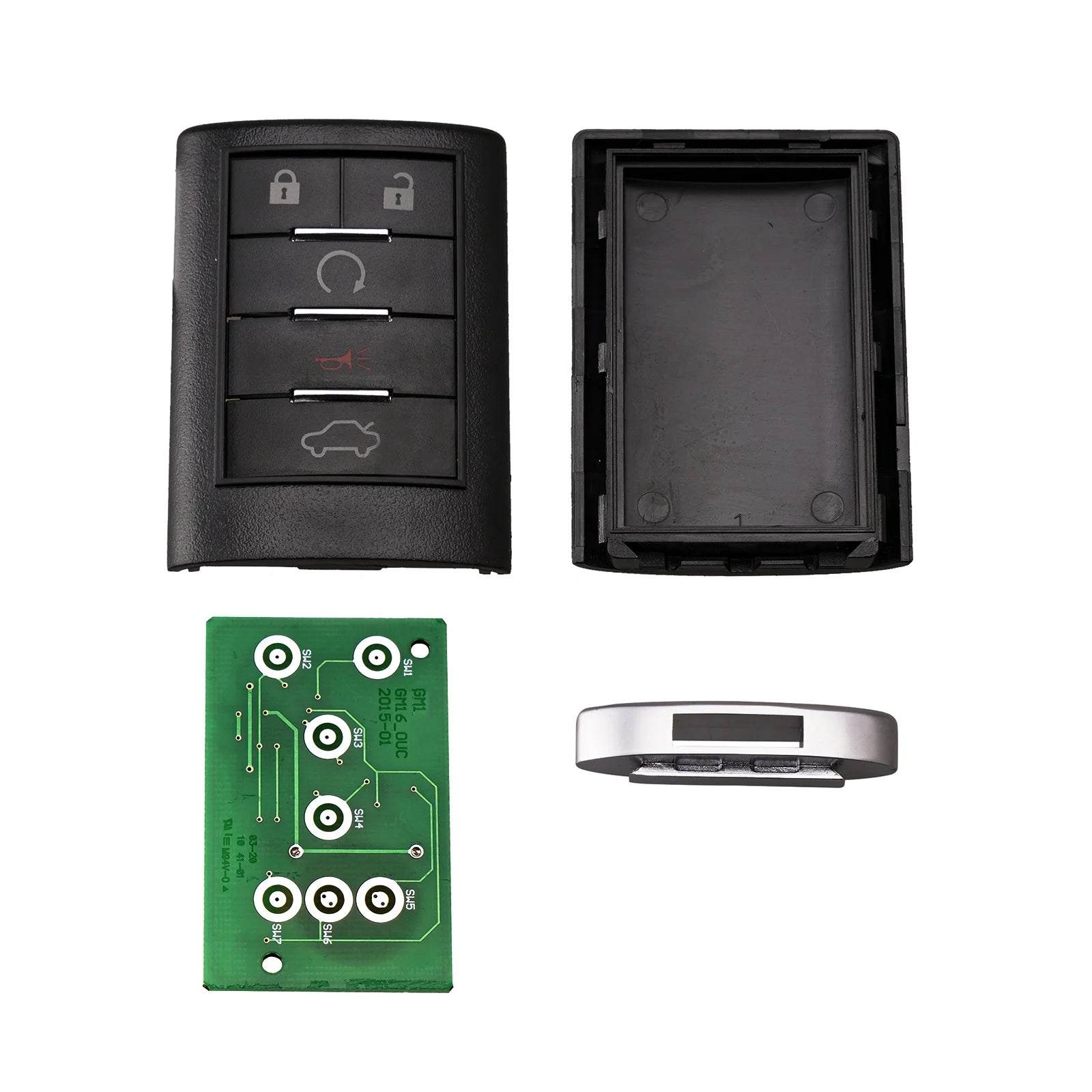 OEM 5-button car key fob remote for Cadillac CTS DTS SRX, 2007-2013, 315MHz, by GM Service Guy, showing buttons and keyless entry.
