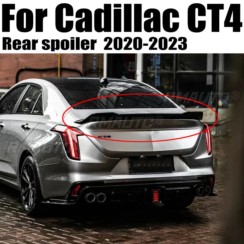 Gloss black ABS plastic Cadillac CT4 V style spoiler with carbon fiber lip cover, designed for 2020-2023 trunk enhancement.