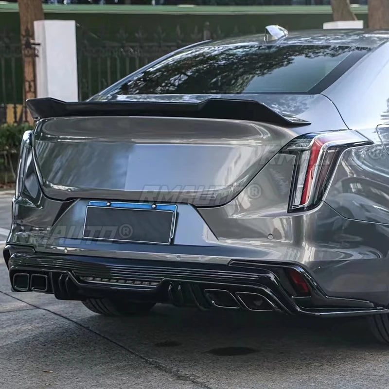 Gloss black Cadillac CT4 V style spoiler made of ABS plastic with a carbon fiber look, designed for 2020-2023 trunk upgrade.