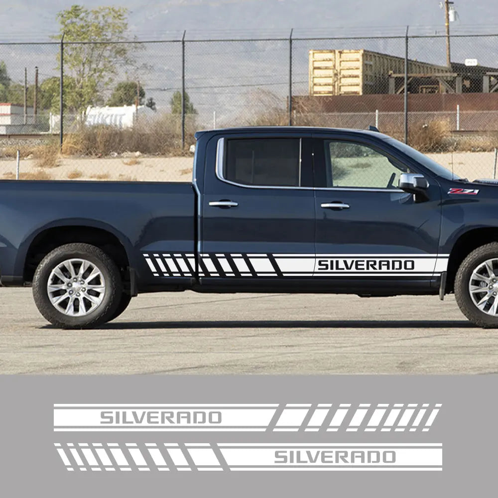 Chevrolet Silverado 1500 pickup truck side door stickers with stripes and decals, auto accessories by Gm Service Guy.