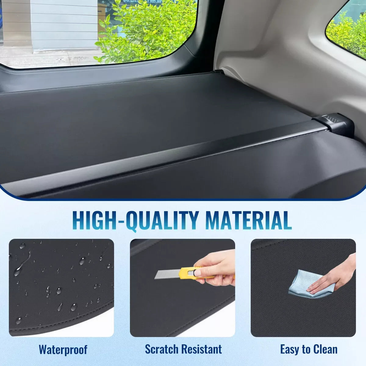 Gm Service Guy carbon fiber retractable trunk cargo cover for Buick GL6 in black, gray, and red, shown in a vehicle trunk setting.
