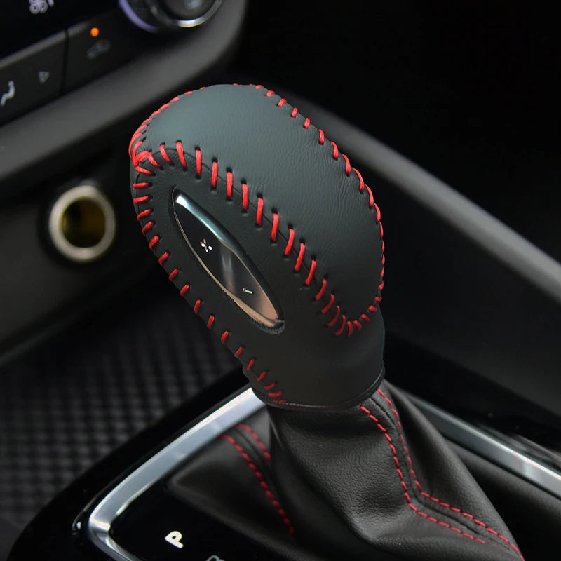 Cowhide and true carbon fiber gear shift knob cover for Buick Verano by Gm Service Guy, hand-sewn in six colors.