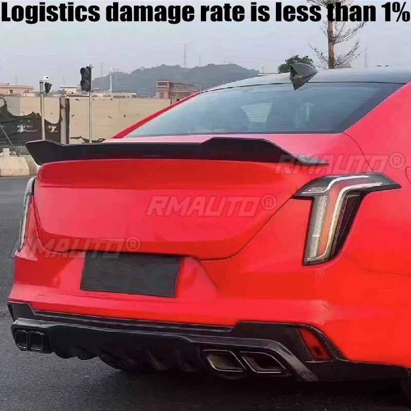 Gloss black ABS plastic Cadillac CT4 V style spoiler with carbon fiber lip cover and splitter for 2020-2023 models.