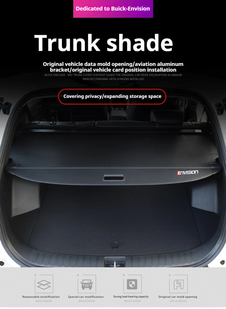 Gm Service Guy retractable trunk cargo cover for Buick Envision, Envision Plus, Excelle GX, Velite 6, and GL6, with three material options.