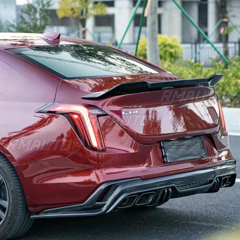 Gloss black Cadillac CT4 V Style spoiler made of ABS plastic with carbon fiber look, designed for 2020-2023 trunk enhancement.