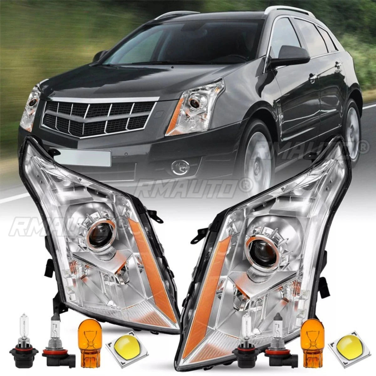 Cadillac SRX LED headlight assembly with daytime running light, compatible with 2010-2015 models, by GM Service Guy.