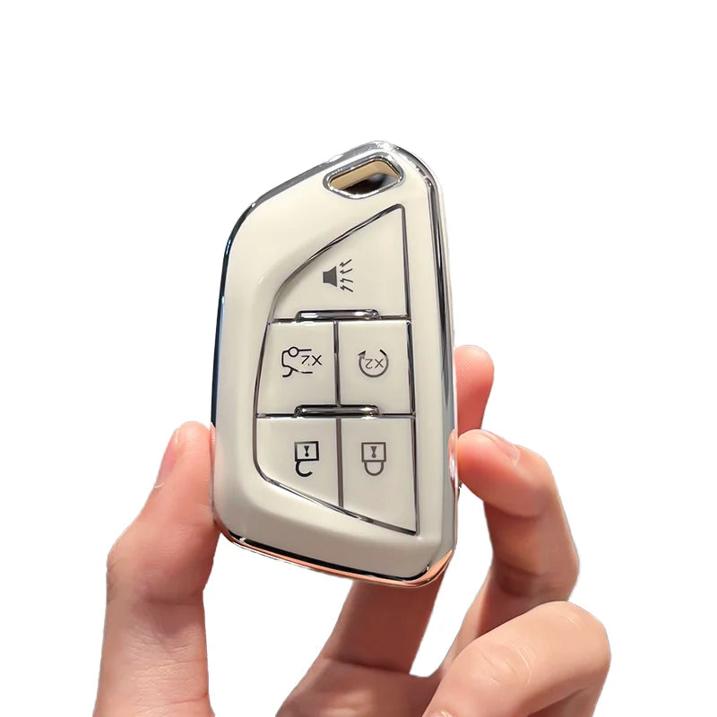 Gm Service Guy Cadillac keycase shell for XT5, XT4, XT6, CT5, CT6, XTS, and ATSL car key with keychain attachment.