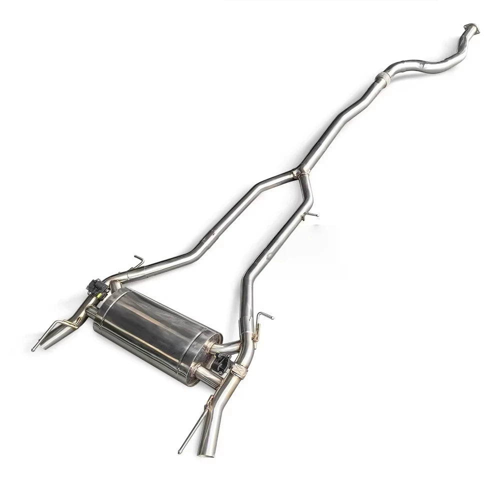 High-performance stainless steel valve exhaust system for Cadillac CT5 2.0T 2019-2023, featuring a tuned rear catback muffler.