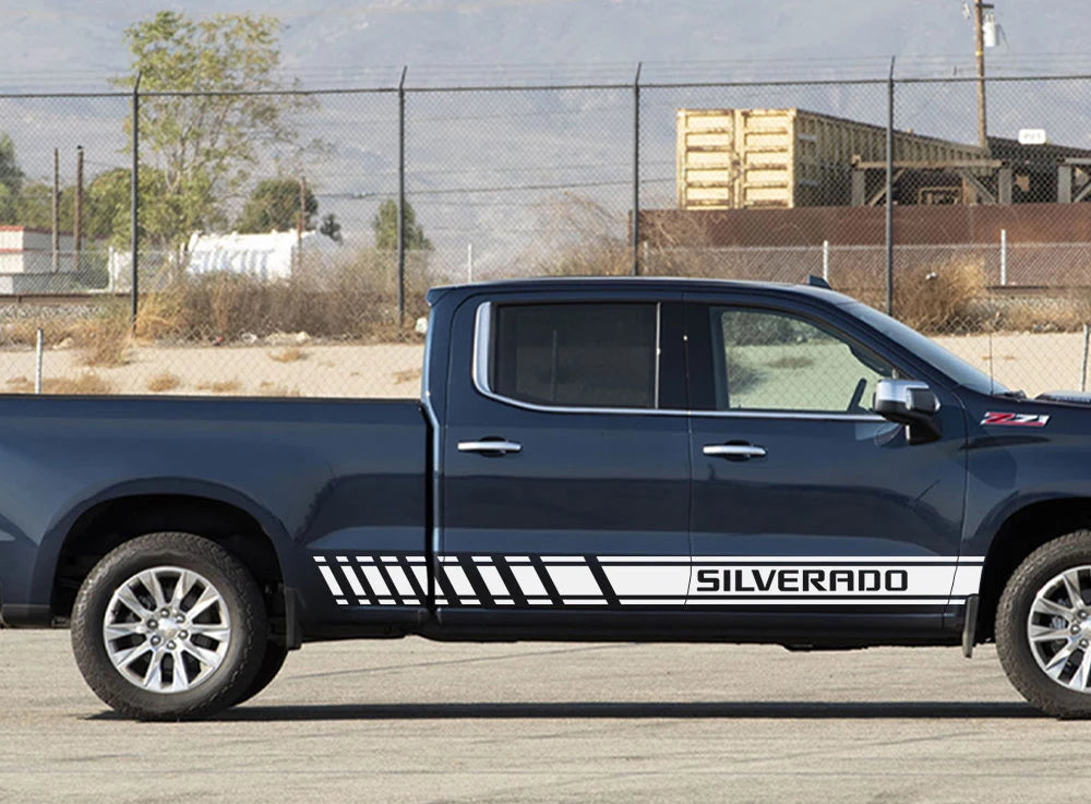 Chevrolet Silverado 1500 pickup truck side stickers with stripe decals, featuring GM Service Guy branding, for Silverado LT and Trail Boss models