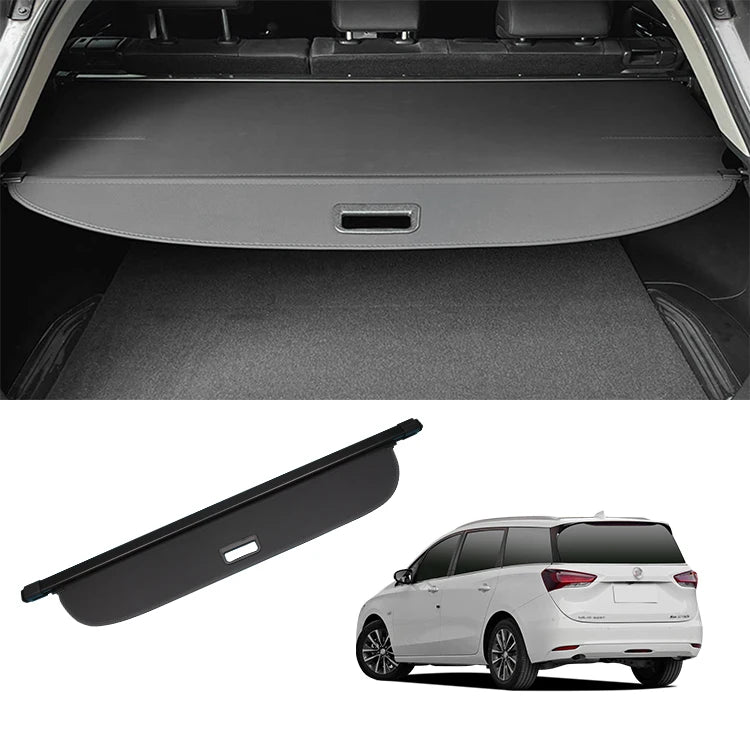 Gm Service Guy carbon fiber retractable trunk cargo cover for Buick GL6 in black, gray, and beige, shown extended in vehicle trunk area.