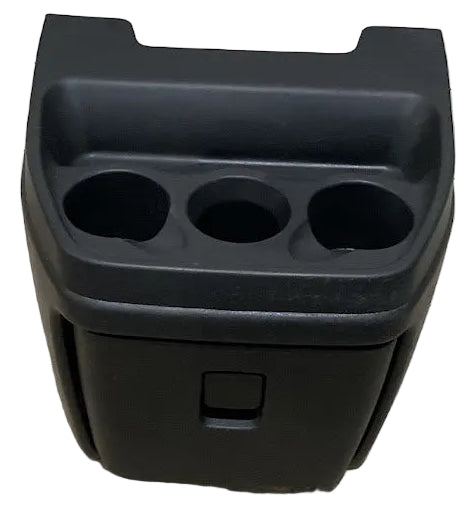 Used black Chevrolet Express and GMC Savana van center console cup holder with opening door, OEM part P#25730883.