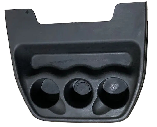 Used black center console cup with opening door for Chevrolet Express and GMC Savana van, OEM part P#25730883.