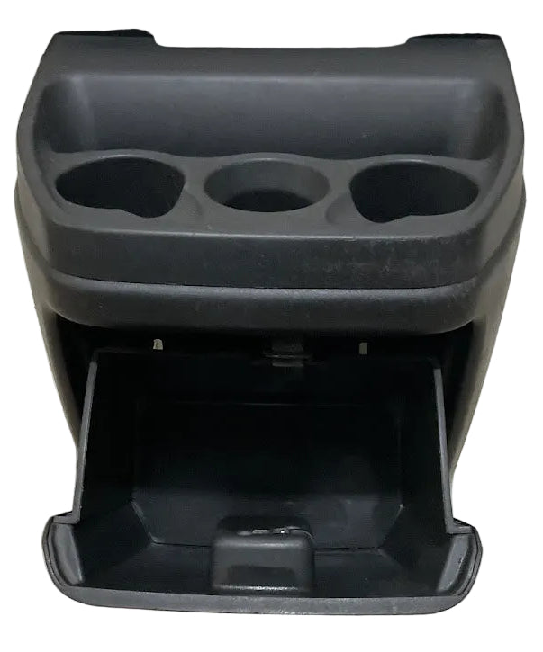 Used black center console cup with opening door for Chevrolet Express and GMC Savana van, OEM part P#25730883.