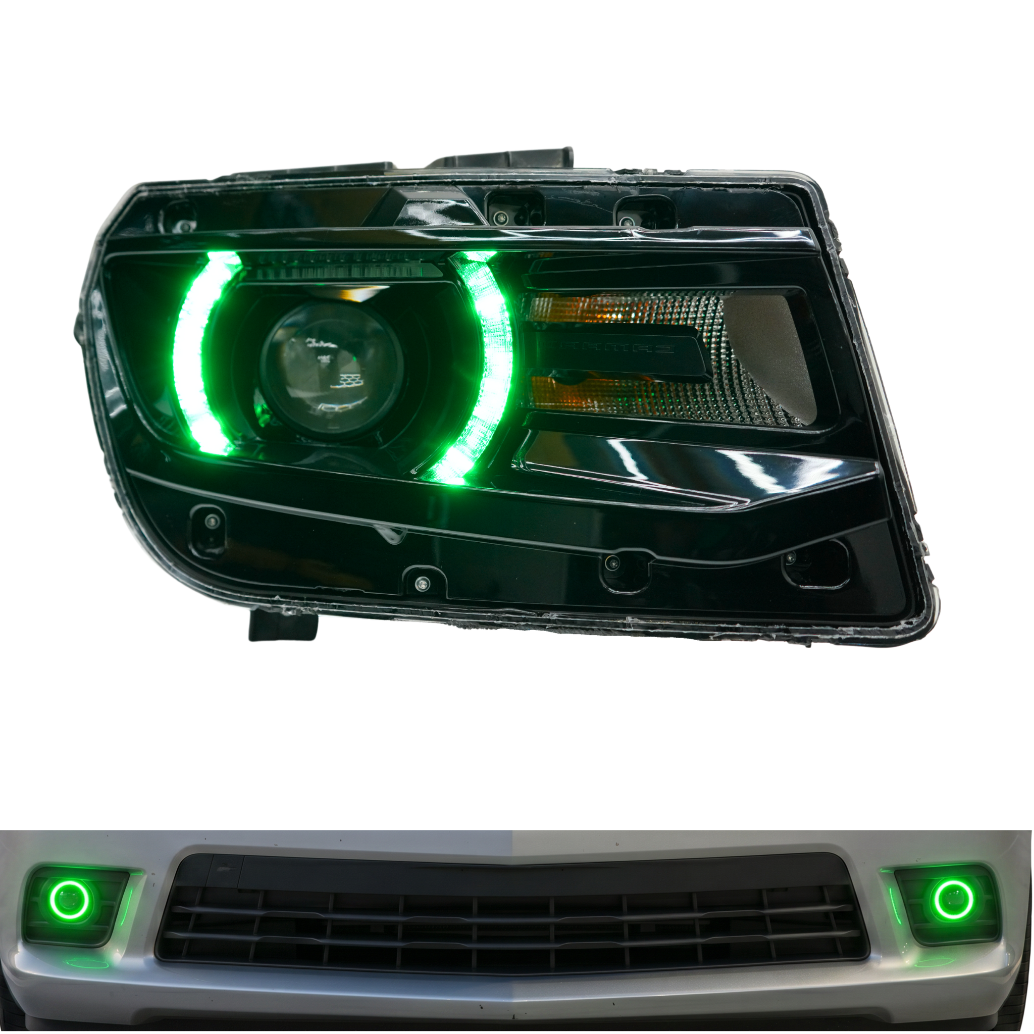 Chevrolet Camaro RS/SS 2014-2015 multicolor DRL boards by RGB Halo Kits, showing colorful LED daytime running lights and foglight halos