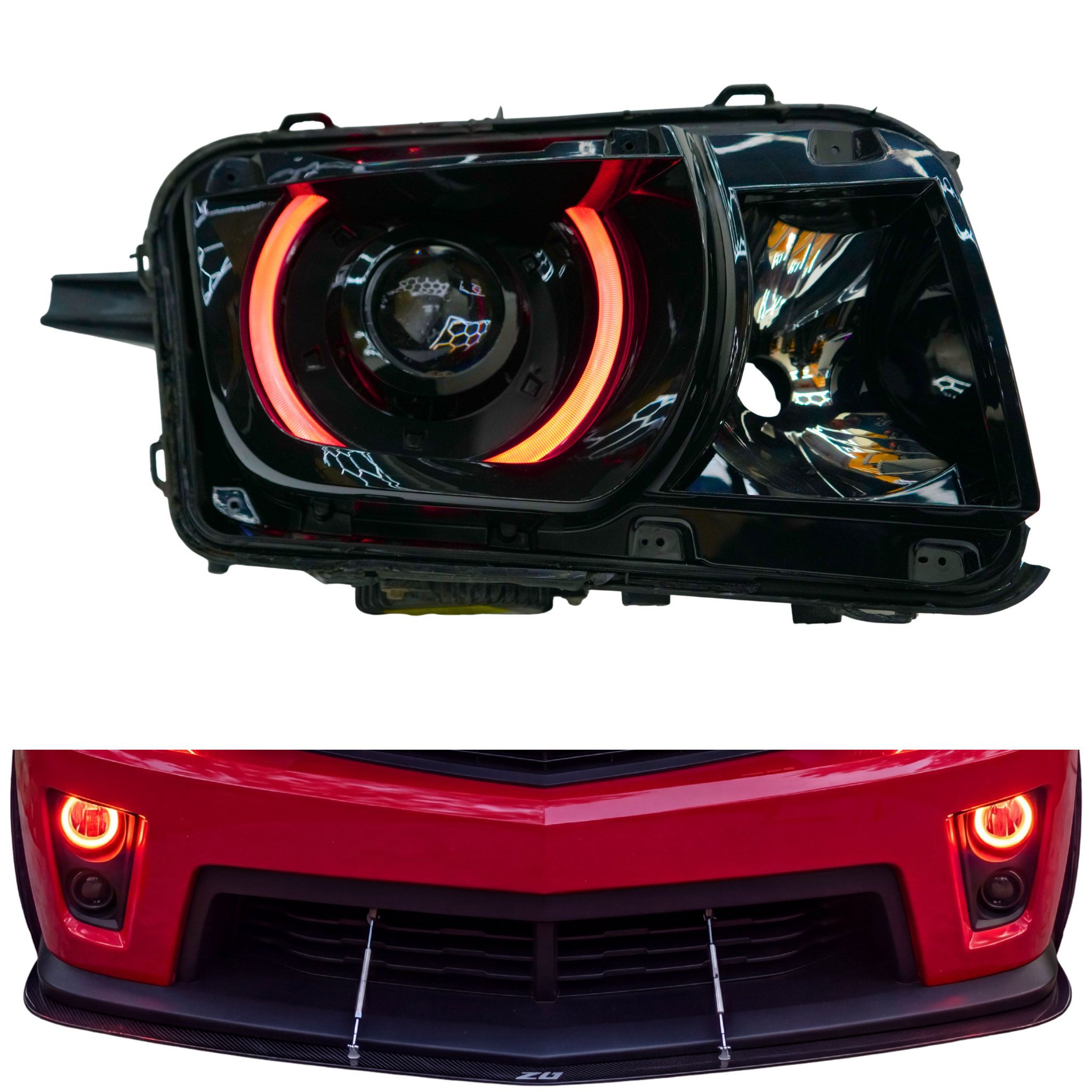 Chevrolet Camaro RS/SS RGB Halo Kits RGBW DRL boards installed without headlights, showing fog light area and LED DRL boards.