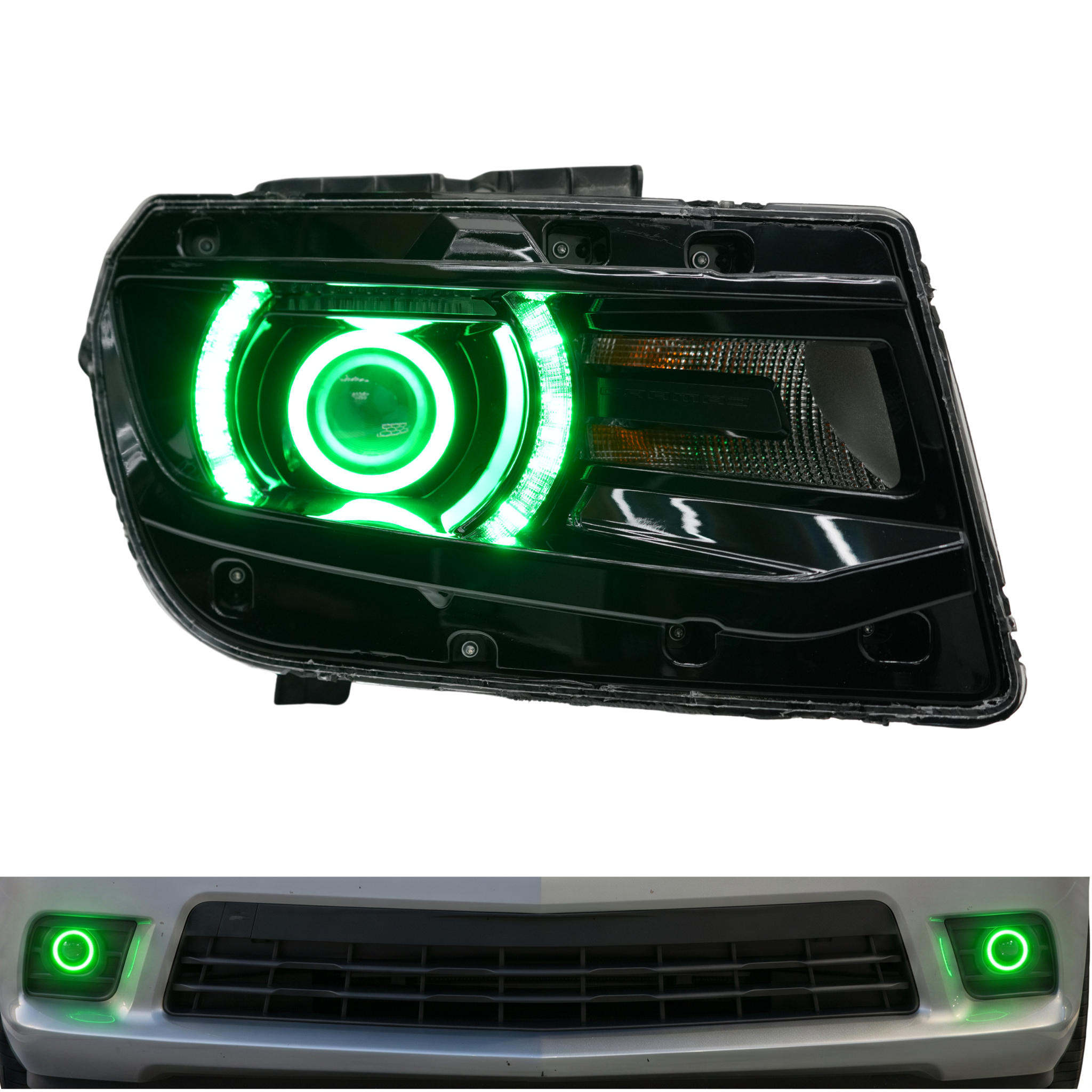 Chevrolet Camaro RS/SS 2014-2015 multicolor DRL boards with RGB halo kits, including headlight and foglight halos.