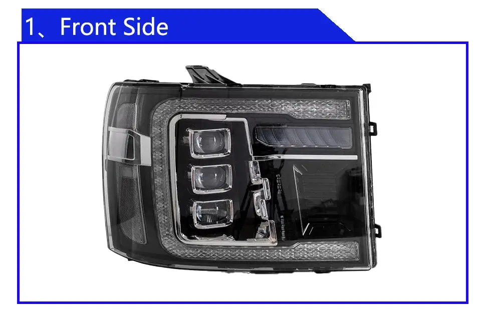 GMC Sierra 2007-2013 LED front headlight assembly with dynamic triple lens, high-quality upgrade by Gm Service Guy
