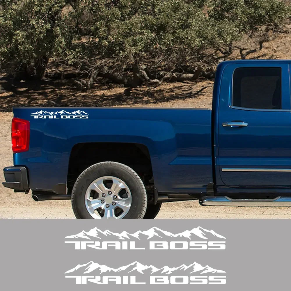 Chevrolet Silverado 1500 Trail Boss mountain body side decal, 2-piece vinyl trunk stickers, Quality Prints USA vehicle decals